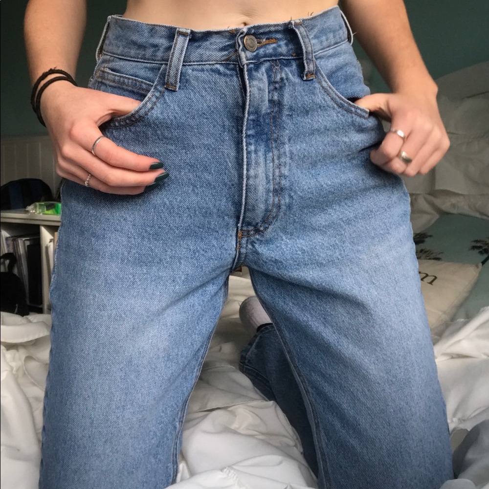 sky blue denim mom jeans